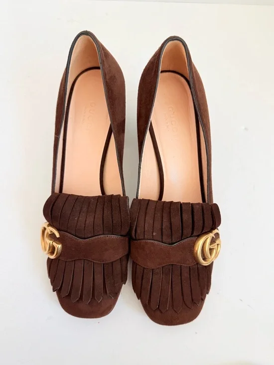 Gucci Dark Chocolate Brown Marmont GG fringe 55mm block heel Loafer pumps EU38.5 - Picture 2 of 11